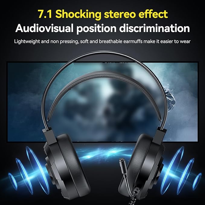 Tangxi Gaming Headset, USB Wired Over Ear Headphones with 50mm Drivers and RGB Lighting, 7.1 Surround Sound, Lightweight Design, for PC, PS 5, X Box Series X | S