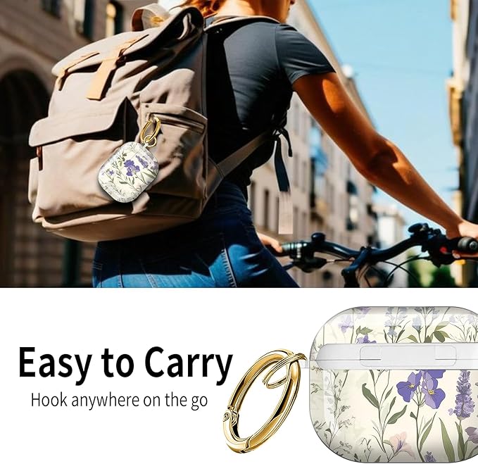 Cute Hard Case Compatible with AirPods Pro 3rd Generation Case (2025), Shockproof Protective Cover with Golden Keychain Ring Clip (Retro Flower)