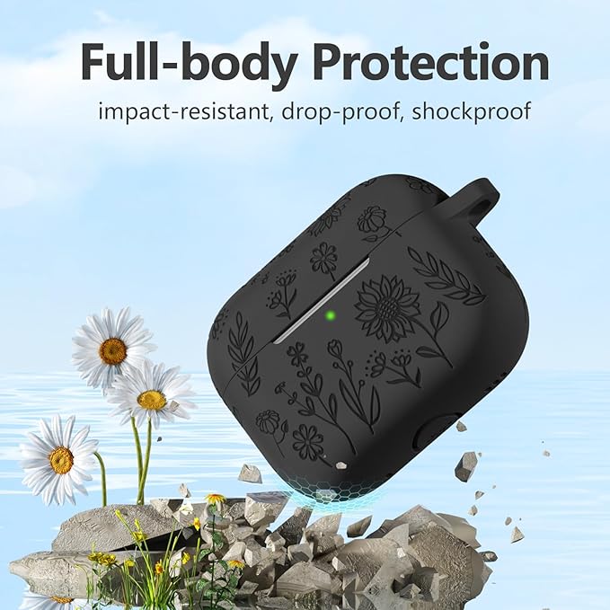 Hamile for AirPods Pro 2nd Generation Case with Cleaner Kit & Keychain, Flower Engraved Soft Silicone Protective AirPods Pro Case Cover for Apple AirPods Pro Case 2nd/1st Gen,Front LED Visible,Black