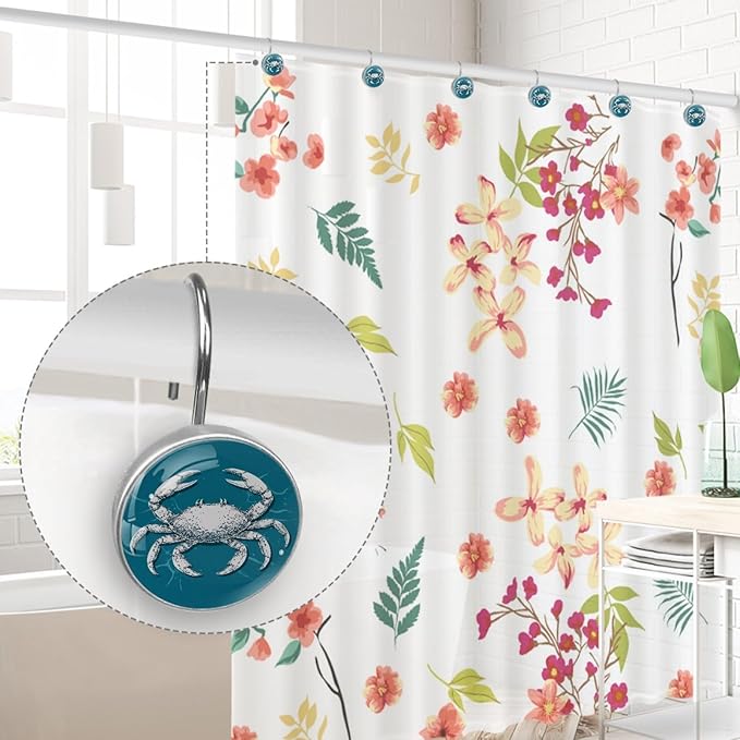 Nautical Abstract Crab Shower Curtain Hooks 12Pcs, Decorative Rust Resistant Shower Rings for Shower Curtain Rods, Stainless Steel Round Curtain Hooks for Bathroom, Bedroom, Farmhouse