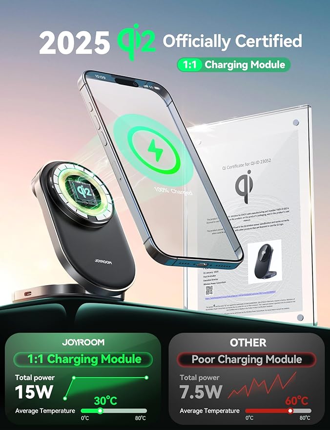 Qi2 3 in 1 Wireless Charging Station,JOYROOM 15W Fast Wireless Charger Stand for iPhone 16/15/14/13, Apple Watch, AirPods, Magnetic Foldable for MagSafe Charger for Multiple Devices (with 30w Adapter)