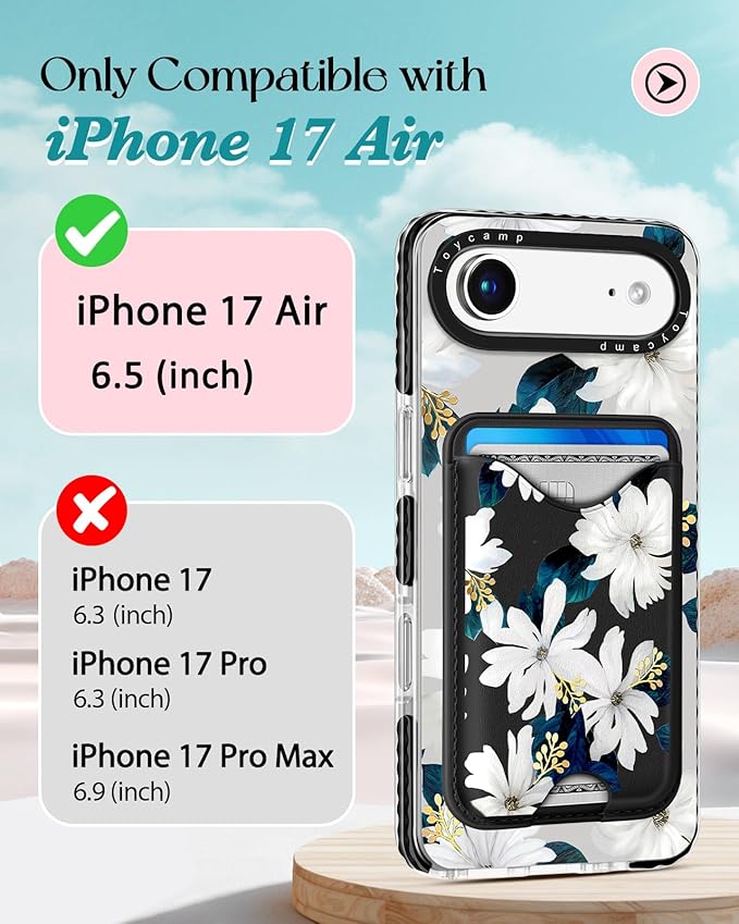 Toycamp for iPhone 17 Air Case - Compatible with Magsafe Credit Card Holder Wallet Magnetic Cute Women Teen Girls Kawaii Girly Unique White Flower Design Phone Cover for Apple 17 Air