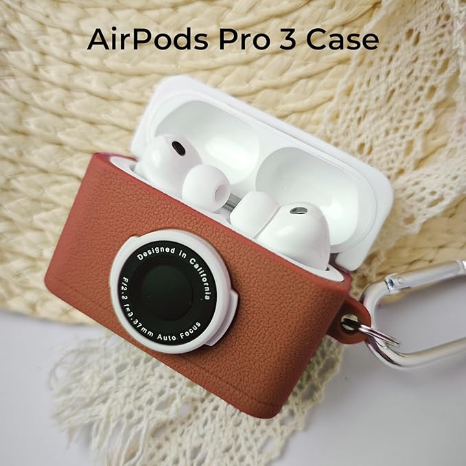 for Airpods Pro 3 Case Cute,Retro 3D Camera Design for Air pod Pro 3 Cover with Keychain Shockproof Protective Soft Silicone Case for Airpods Pro 3 Gen for Men Women,Brown
