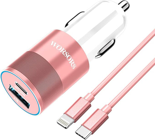 35W USB C Fast Car Charger [Apple MFi Certified] Compatible with iPhone 14 Pro/14 Pro Max/14+/13/12/11/Mini/XS/XR/8, 20W PD3.0 Rapid Charging Adapter + 3Ft Type C to Lightning Cable - Pink
