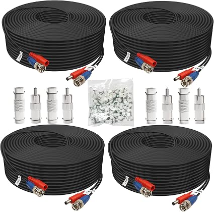 BNC Cable 30ft 4 Pack BNC Video Power Cable,Security Camera Cable for CCTV Camera DVR Security Systems(Included 8X BNC Adapters,100 Pcs Cable Clips)-Black, AIBNB4-30