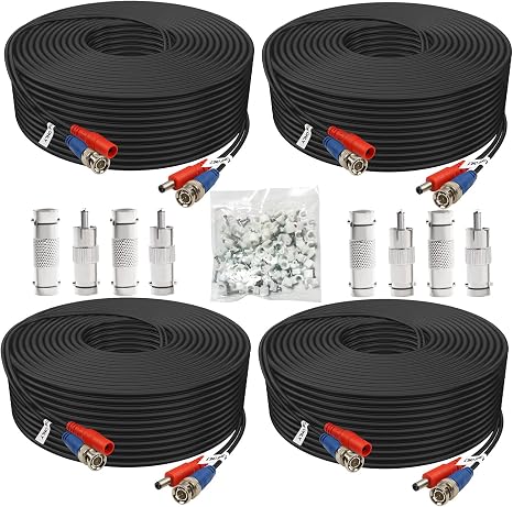 BNC Cable 30ft 4 Pack BNC Video Power Cable,Security Camera Cable for CCTV Camera DVR Security Systems(Included 8X BNC Adapters,100 Pcs Cable Clips)-Black, AIBNB4-30