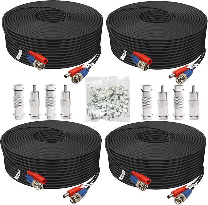 BNC Cable 30ft 4 Pack BNC Video Power Cable,Security Camera Cable for CCTV Camera DVR Security Systems(Included 8X BNC Adapters,100 Pcs Cable Clips)-Black, AIBNB4-30