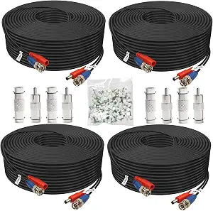BNC Cable 30ft 4 Pack BNC Video Power Cable,Security Camera Cable for CCTV Camera DVR Security Systems(Included 8X BNC Adapters,100 Pcs Cable Clips)-Black, AIBNB4-30