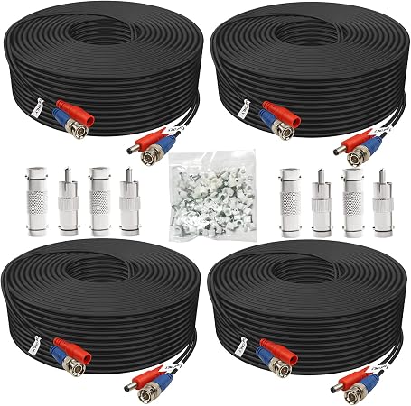 BNC Cable 30ft 4 Pack BNC Video Power Cable,Security Camera Cable for CCTV Camera DVR Security Systems(Included 8X BNC Adapters,100 Pcs Cable Clips)-Black, AIBNB4-30
