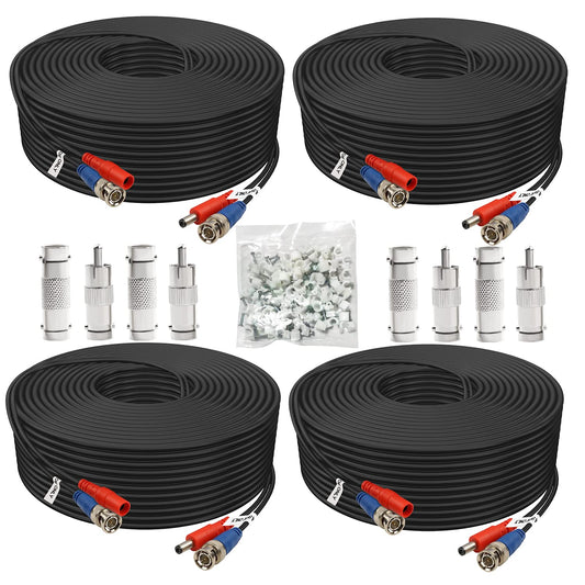 BNC Cable 30ft 4 Pack BNC Video Power Cable,Security Camera Cable for CCTV Camera DVR Security Systems(Included 8X BNC Adapters,100 Pcs Cable Clips)-Black, AIBNB4-30