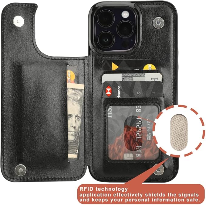 uCOLOR Compatible with iPhone 14 Pro Max 6.7" Wallet Case with Card Holder Folio Flip PU Leather Kickstand Card Slots Case Double Magnetic Clasp and RFID Blocking Cover 6.7 Inch (Black Leopard)