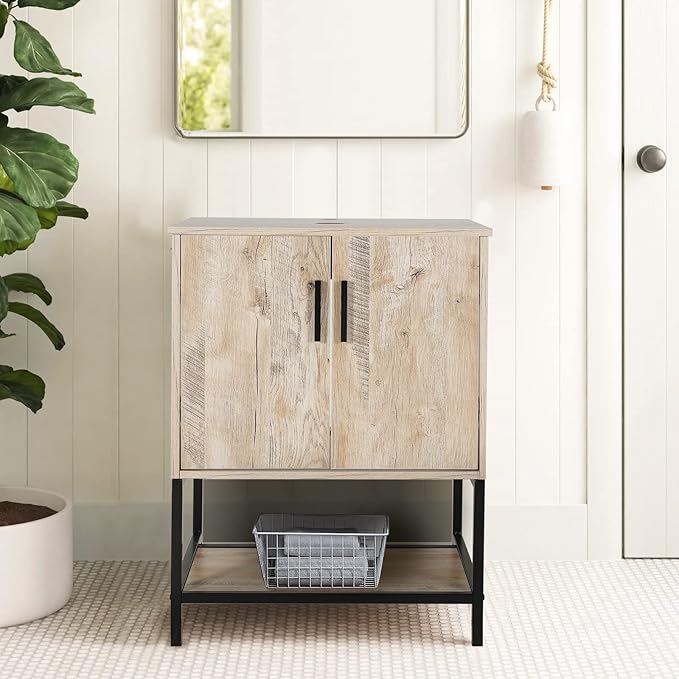 eclife 24" Bathroom Vanity Sink Combo Modern Metal Stand Cabinet W/Bottom Shelf, Oak (Without Sink)
