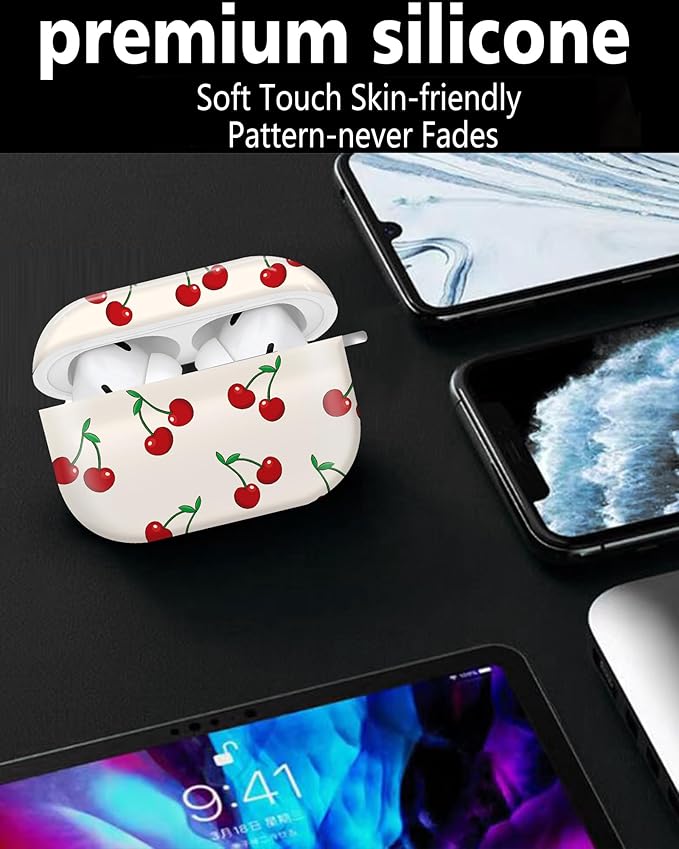 Cute Hard Case Compatible with AirPods Pro 2nd/1st Generation, Protective Cover with Golden Keychain, Fits 2023/2022/2019 Models, for Women, Girls, and Men(Cute Cherry