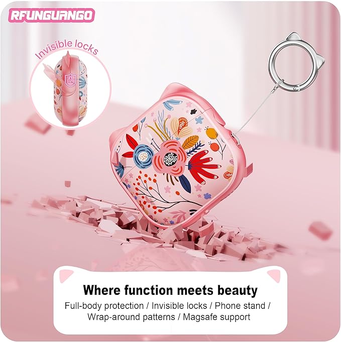 RFUNGUANGO AirPods 4 Case for Women Girly Cat Case with Lock, Phone Stand,Keychain & Cleaner Kit, Compatible with Apple Airpods 4th Generation Case Cover, Pink Berry Flower