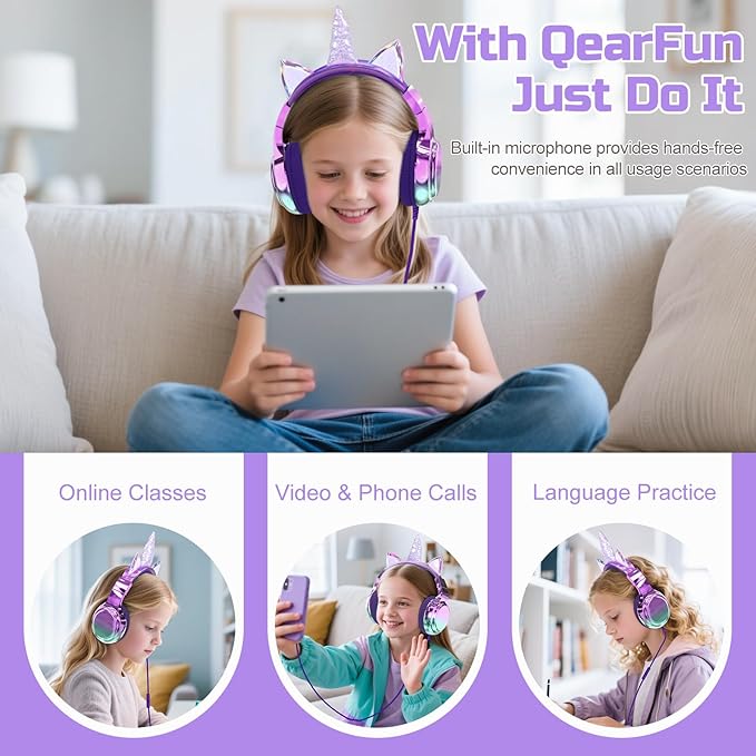 QearFun Kids Unicorn Headphones Wired with Mic, 85/94dB Safe Volume Limit, Sparkly Wired Headset, Foldable, Sharing Port & Tangle-Free Cord for School, Chromebook, Tablet, Travel, Boys & Girls