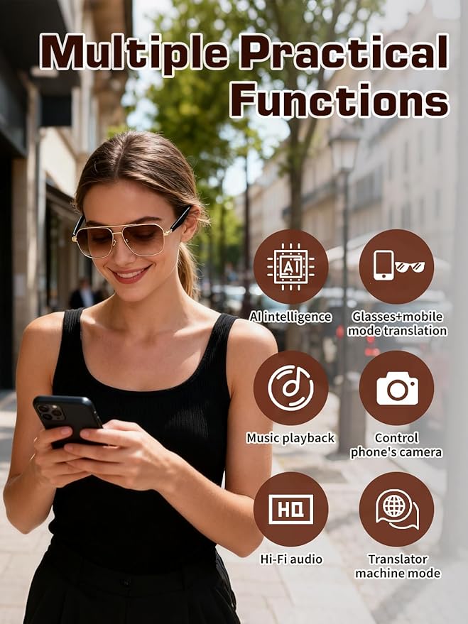 Bluetooth Sunglasses for Men, AI Smart Glasses with Open-Ear Speakers for Music & Calls, Blue Light Blocking UV400 Lenses Lightweight Translation Glasses for Driving, Travel & Work