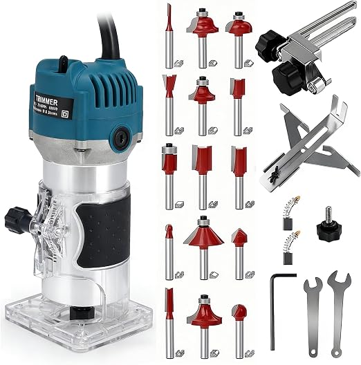 110V Router Tool, 800W Wood Trim Router, 30000RPM Electric Hand Trimmer, Palm Router with 15x 1/4” Router Bits & 2x Trim Guides for Woodworking Tools, Adjustable Base Height w/Scale
