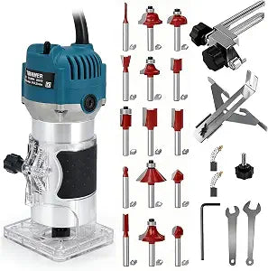 110V Router Tool, 800W Wood Trim Router, 30000RPM Electric Hand Trimmer, Palm Router with 15x 1/4” Router Bits & 2x Trim Guides for Woodworking Tools, Adjustable Base Height w/Scale