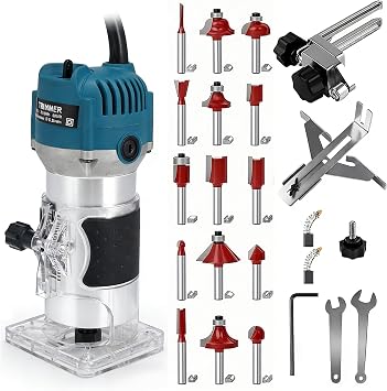 110V Router Tool, 800W Wood Trim Router, 30000RPM Electric Hand Trimmer, Palm Router with 15x 1/4” Router Bits & 2x Trim Guides for Woodworking Tools, Adjustable Base Height w/Scale