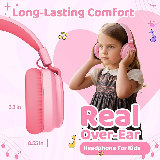 MIDOLA Kids Headphones Wireless Bluetooth 5.4 68H Play Time Volume Limit 85/94dB Over-Ear Foldable Headset,Type-C Fast Charging,with Wired Aux Mic for Toddler Boy Girl Pad Tablet Pink