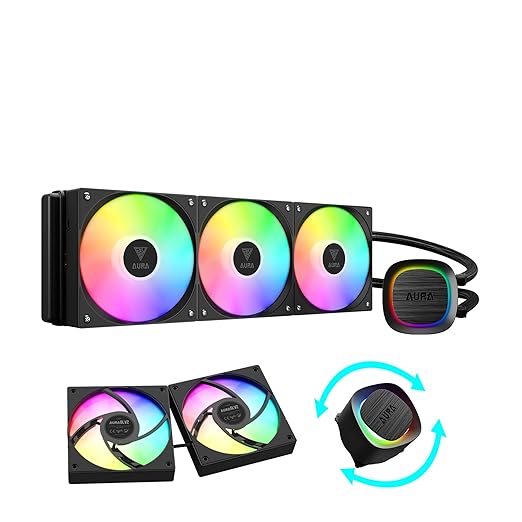 GAMDIAS Aura GLV2 360mm AIO Liquid CPU Cooler, Rotatable Performance 10-Pole Pump, 3 x 120mm Daisy-Chained Hidden Cable Fans, Low-Noise PWM & ARGB Sync Ready, Intel LGA 1851/1700；AMD AM5/AM4, Black