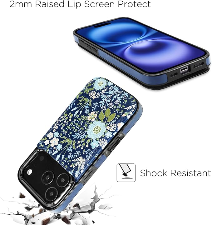 uCOLOR for iPhone 17 Pro Wallet Case with Card Holder PU Leather RFID Blocking Design iPhone 17 Pro flip case for Women Men Magnetic Clasp Kickstand Design 6.3 inch (Blue Daisy)