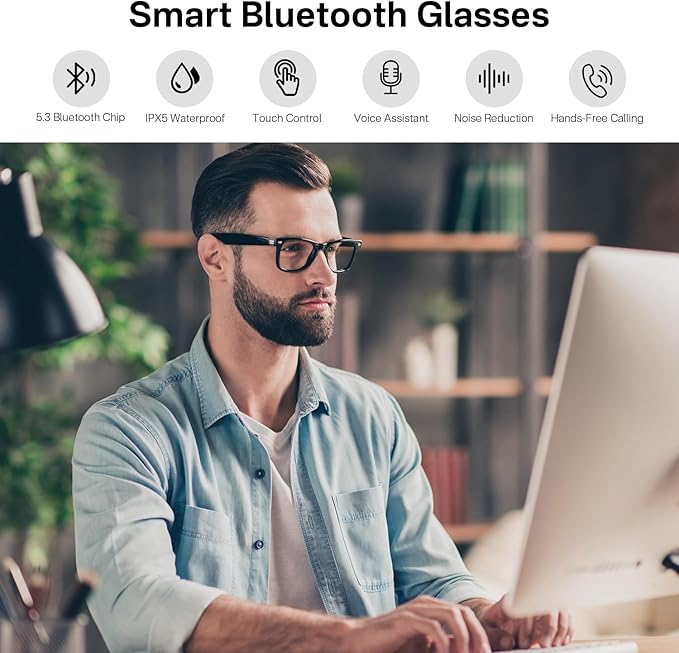Smart Glasses for Men and Women, Blue Light Filtering Lenses, Bluetooth Audio Glasses with Mic & Speakers, Touch & Voice Assistant Compatible - Up to 6 Hrs Battery, for Office, Driving
