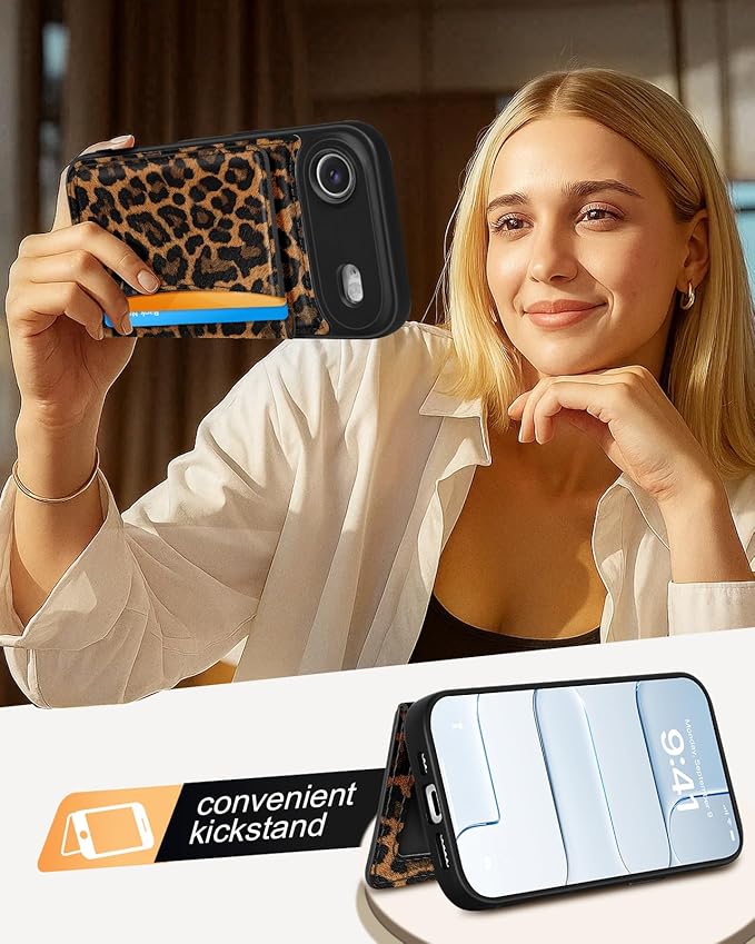 for iPhone 17 Air Case with Wallet - Fits 4 Card Slots, Compatible with MagSafe for Women Aesthetic Durable PU Leather Credit Card Holder Kickstand Phone Cover for Apple 17 Air, Leopard Print