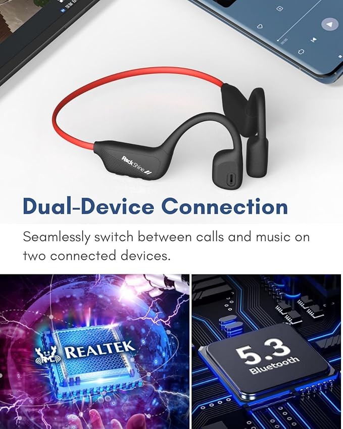 R1 Open Ear Headphones, Bone Conduction Running Headphones Bluetooth 5.3, 12H Battery Sweatproof & Water-Resistant, Wireless with Mic for Cycling, Workout,Sports-Deep Bass Sound (Black+RED)