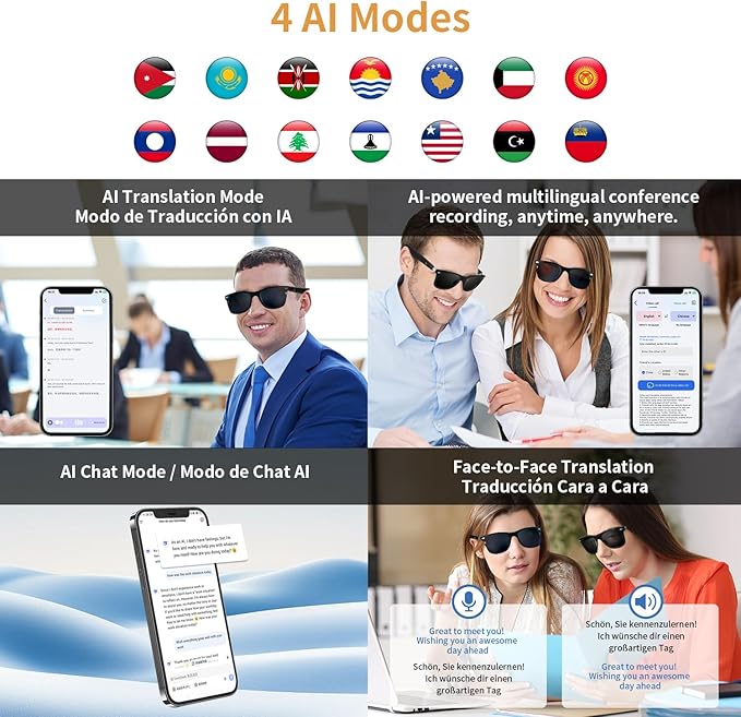 AI Smart Glasses for Men & Women with Chat GPT, Bluetooth Translation Glasses with 169 Languages, Open-Ear Design, Hands-Free Calls, UV Protection Smart Sunglasses for Traveling Working Business
