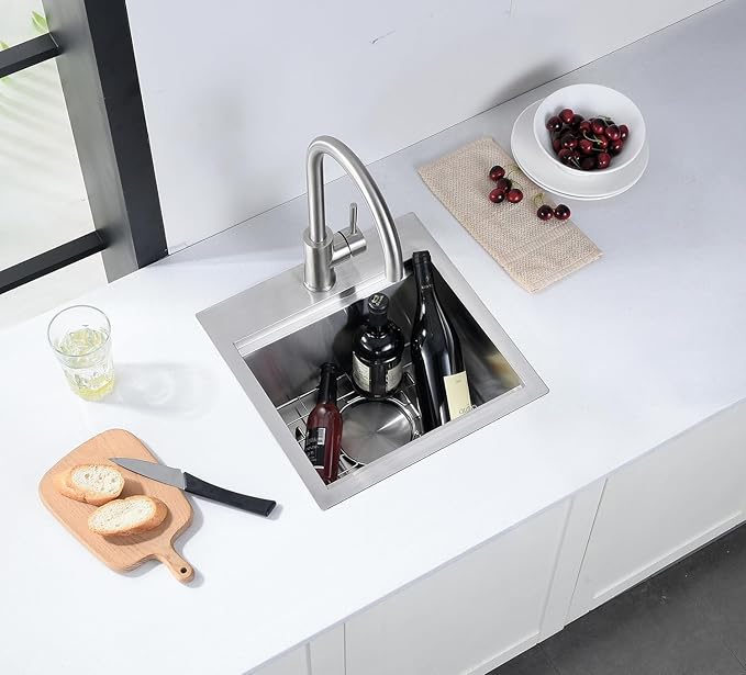 15 x 17 Inches Drop-in Kitchen Bar Sink, 15 Inch Stainless Steel Bar Sink Workstation Kitchen Sinks Topmount Single Bowl Small Kitchen Sink
