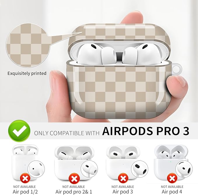 Compatible with AirPod Pro 3 (2025),Cute Case Cover for Women & Men, Full Protection Shockproof Hard Case with Keychain, Wireless Charging Case Accessories(Khaki Checkerboard)