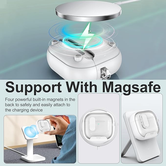 for Airpods 4 Case Clear,Secure Lock for Airpods 4th Generation Case Cover with Phone Stand and Magsafe Function,Auto Pop-up,Hybrid Protection Design with Carabiner&Cleaning Pen-White