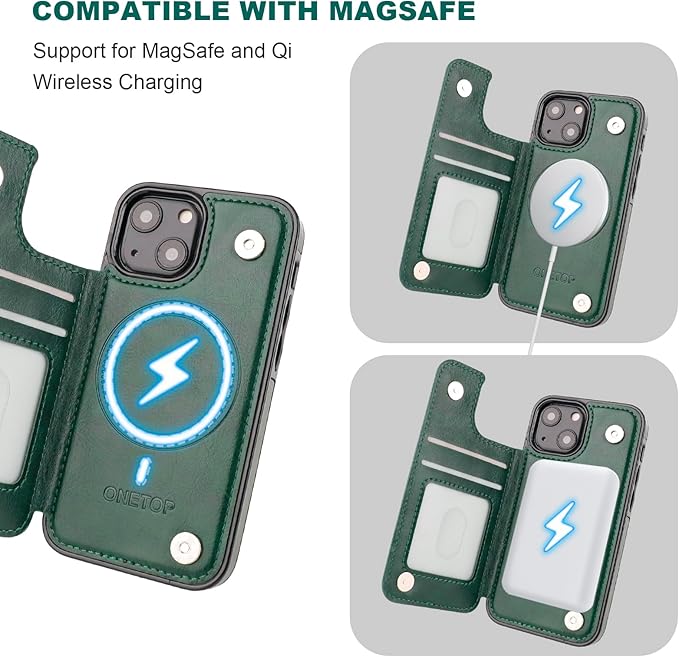 ONETOP Compatible with Magsafe for iPhone 13 Mini Wallet Case with Card Holder, PU Leather Kickstand RFID Blocking Case, Double Magnetic Clasp and Durable Shockproof Cover 5.4 Inch (Green)