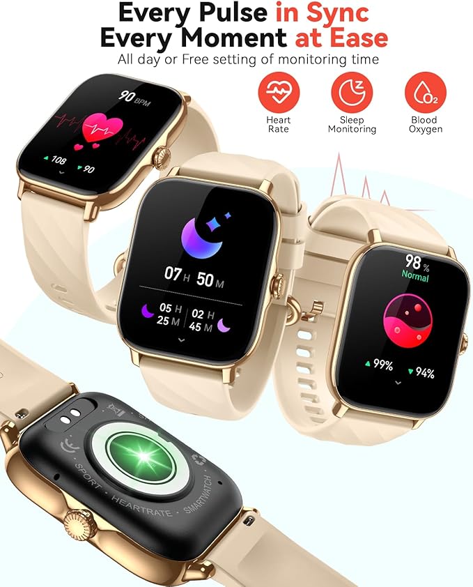 Smart Watches Fitness Tracker for Women Men with Step Counter, Sleep Calorie Monitor, Pedometer, IP68 Waterproof, Smartwatch with 120+ Sports for iPhone Android (Gold)
