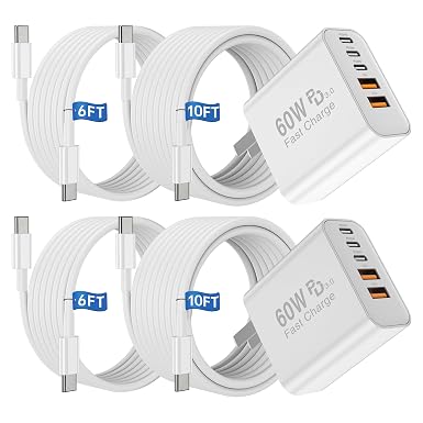 USB C Fast Charger Block, 60W Type C Charging Block Plug and 6ft 6ft 10ft 10ft Long USB C Cable for Apple iPhone Duo/18 Pro/17 Pro Max/17 Air/16 Pro/15 Plus/iPad mini/Samsung Wall Power Adapter Brick