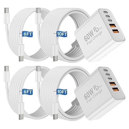 USB C Fast Charger Block, 60W Type C Charging Block Plug and 6ft 6ft 10ft 10ft Long USB C Cable for Apple iPhone Duo/18 Pro/17 Pro Max/17 Air/16 Pro/15 Plus/iPad mini/Samsung Wall Power Adapter Brick