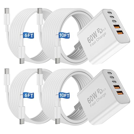 USB C Fast Charger Block, 60W Type C Charging Block Plug and 6ft 6ft 10ft 10ft Long USB C Cable for Apple iPhone Duo/18 Pro/17 Pro Max/17 Air/16 Pro/15 Plus/iPad mini/Samsung Wall Power Adapter Brick