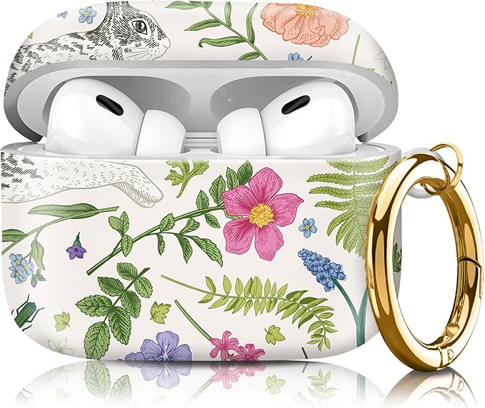 Compatible with Airpod pro 2nd/1st Generation Case Cover with Gold Round Keychain Cute Pattern Hard & Anti Slip Cover for Men Women & Girls（Cute Bunny）