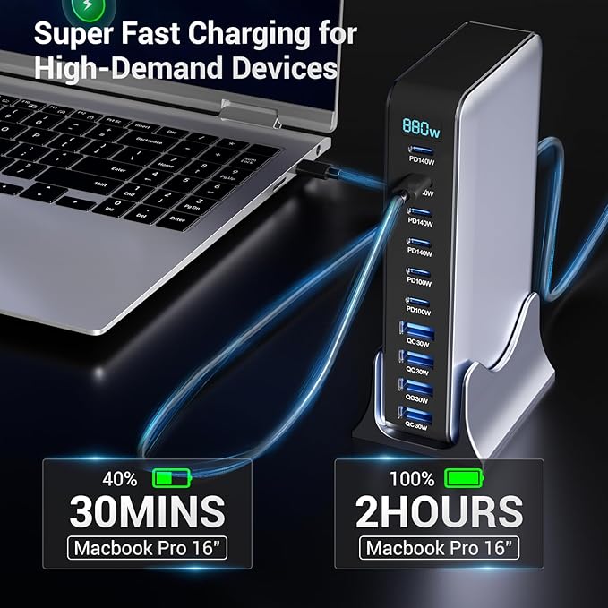 880W USB C Charger Block, 10-Port USB Fast Charging Station Hub, Desktop Charging Station for Multiple Devices for MacBook Pro/Air, DELL, iPad, iPhone, Samsung Galaxy