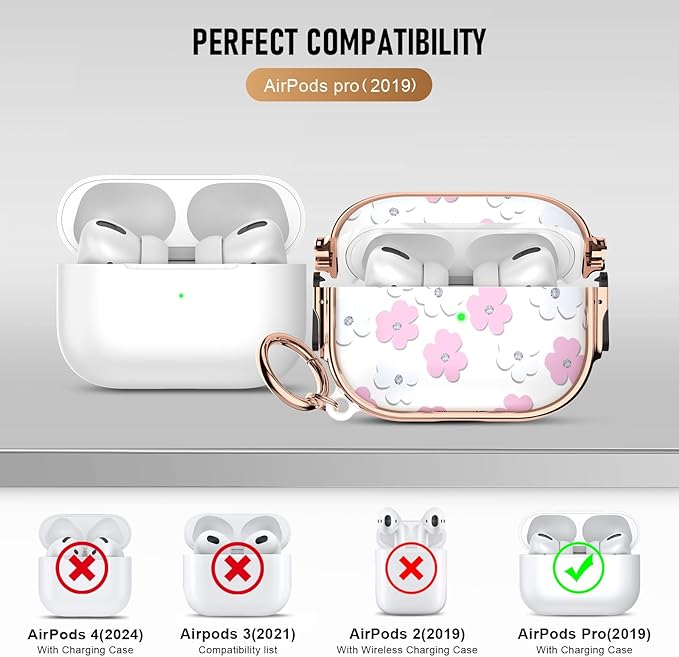 Maxjoy for Cute Airpods Pro 2 case with Safety Lock,Compatible Airpods Pro Case 2nd/1st Gen,for Pink and White Flowers AirPods Case Coverfor Women Girly with Keychain-Transparent
