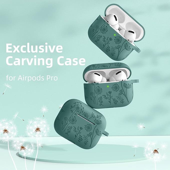 Lerobo for AirPods Pro 2 Case Cover, Flower Engraved Case Compatible with Apple Airpod Pro Case 2nd / 1st Generation, Cute Soft Silicone Protection Cover for Wowen with Keychain Accessories,PineGreen