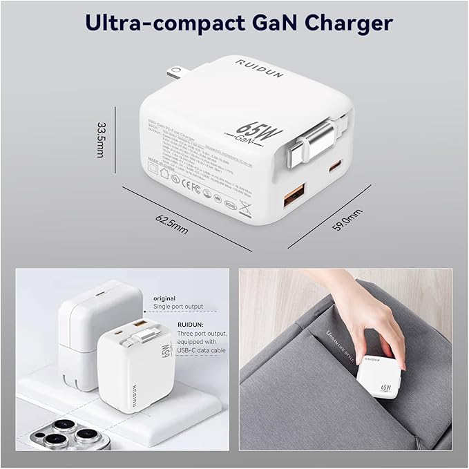 65W Retractable USB C Charger,3 in 1 Fast Charging Block with Foldable Plug,GaN Fast Charging Travel Charger for MacBook,iPad,iPhone 17/16/15,Galaxy
