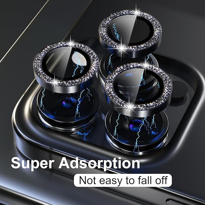 Misea Compatible for iPhone 15 Pro/iPhone 15 Pro Max Camera Lens Protector Bling, 9H Tempered Glass Camera Cover Screen Protector Metal Individual Ring Protector Decoration Accessories, Black Glitter