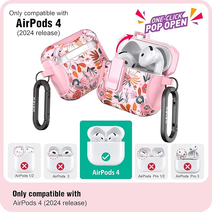 wenew Compatible with AirPods 4th Generation Case Cover with Phone Stand, Cleaner, Clip, Compatible with Magsafe Charger, One-Click Pop Open Lock iPod 4th Case (Pink 1, AirPods 4th)