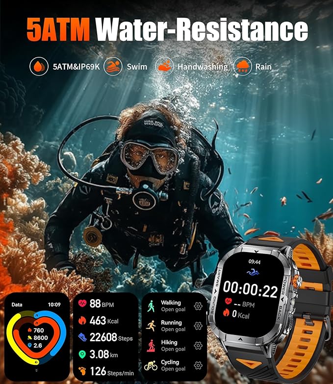 SUNKTA EF17 Military Smart Watch for Men, 2.13'' Amoled HD Display Fitness Tracker Watch with LED Flashlight, Pedometer/100+ Sport Modes/Sleep/5ATM Waterproof Smartwatch, iOS Android Smart Watches