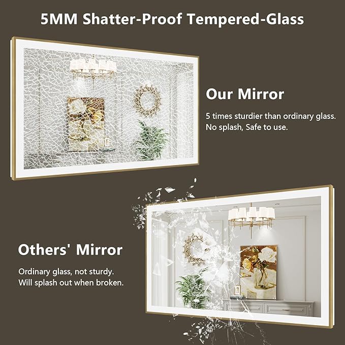 55x40 Inch LED Bathroom Mirror with Lights (Front Lit and Backlit) Gold Framed Lighted Vanity Mirror for Bathroom Wall Dimmable Anti-Fog Memory Tempered Glass Horizontal/Vertical