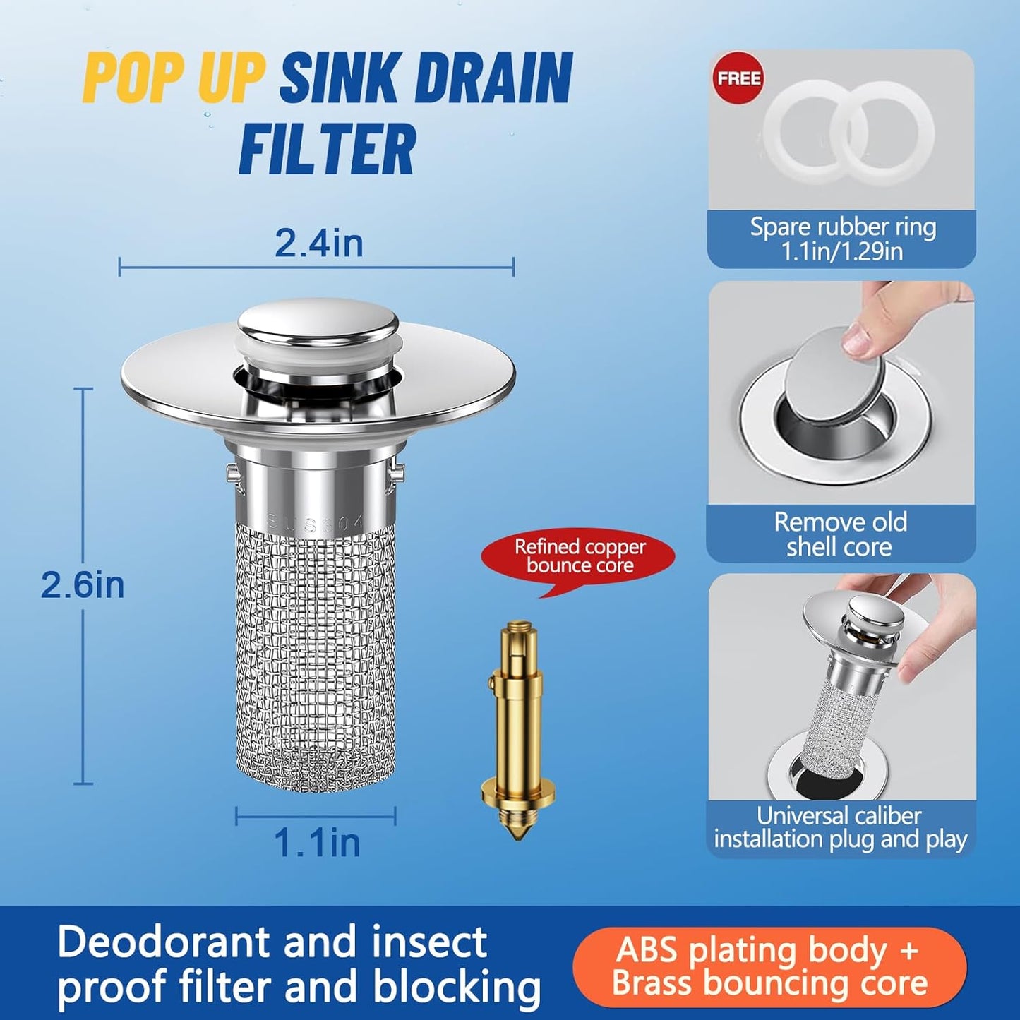Techloop Living Pop-Up Sink Drain Strainer Hair Catcher – 2PCS Stainless Steel Filter Basket