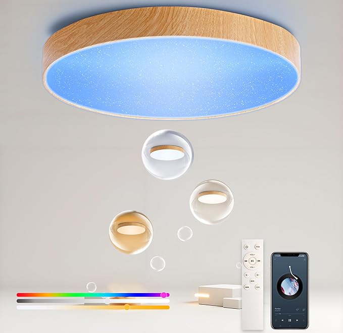 WF-Version LED Ceiling Light with Speaker 40W 13Inch Control via app/Voice/Remote Adjustable Brightness & Color Temperature Ceiling Lamp RGB Ambient Lighting for Bedroom Kids Room and More