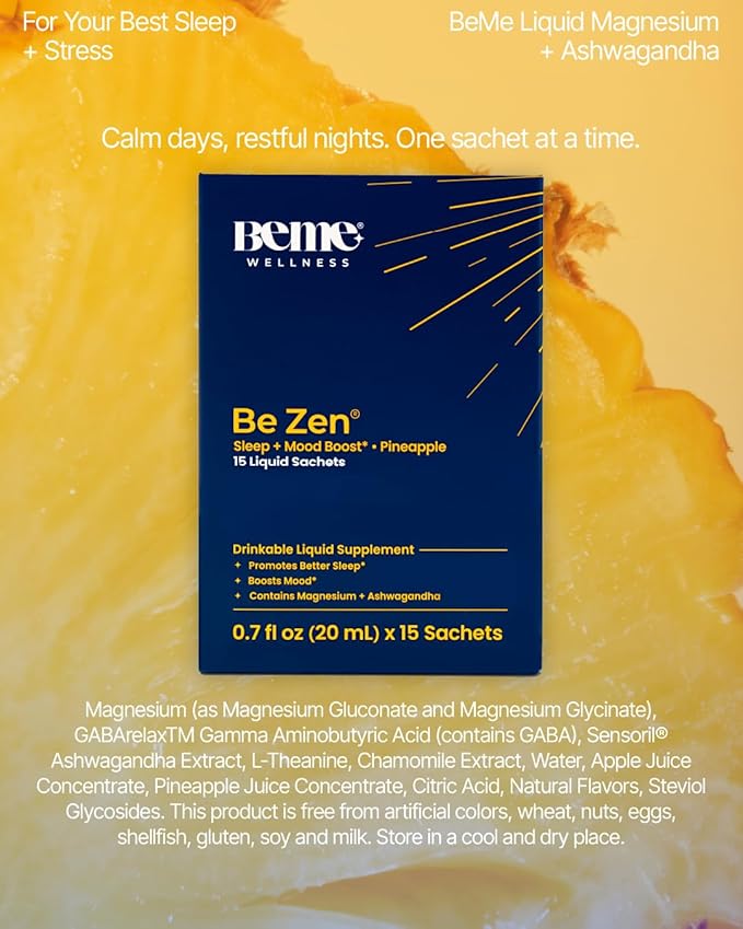 BeMe Magnesium Drink for Sleep - Melatonin-Free Magnesium for Sleep with Ashwagandha, L-Theanine & GABA - Fast-Absorbing Calm Pineapple - 30 Sachets